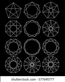 Set of geometric shapes. Sacred Geometry. lines crossing the polygon inscribed in a circle. Black lines on a white background. Outline Mandala frames. Crystal form. Vector illustrations.