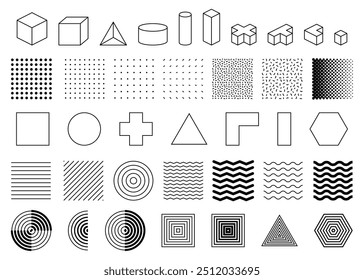 Set of geometric shapes and textures. Abstract background design. Objects for banner screensavers. Vector illustration