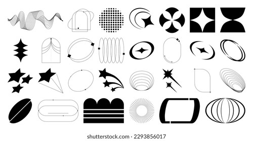 Set of geometric shapes in trendy 90s style. Black trendy design with frame, sparkles, circle, star, lines. Y2k aesthetic element illustrated for banners, social media, poster design, sticker.