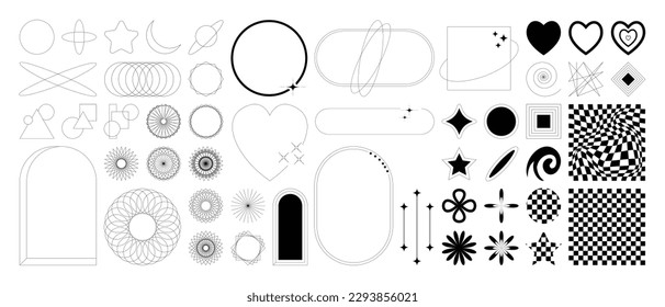 Set of geometric shapes in trendy 90s style. Black trendy design with frame, sparkles, circle, heart, moon, lines. Y2k aesthetic element illustrated for banners, social media, poster design, sticker.