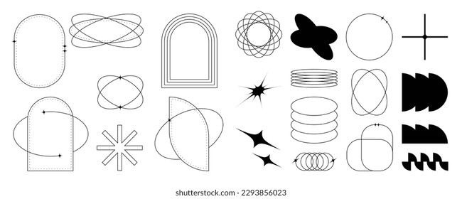 Set of geometric shapes in trendy 90s style. Black trendy design with frame, sparkles, circle, lines. Y2k aesthetic element illustrated for banners, social media, poster design, sticker.