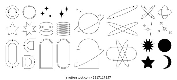 Set of geometric shapes in trendy 90s style. Black trendy design with frame, sparkles, star, moon, flower, lines. Y2k aesthetic element illustrated for banners, social media, poster design, sticker.