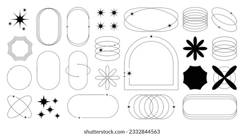 Set of geometric shapes in trendy 90s style. Black trendy design with frame, sparkles, flower, lines. Y2k aesthetic element illustrated for banners, social media, poster design, sticker.