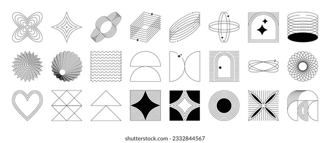 Set of geometric shapes in trendy 90s style. Black trendy design with frame, sparkles, heart, flower, star, lines. Y2k aesthetic element illustrated for banners, social media, poster design, sticker.