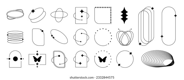 Set of geometric shapes in trendy 90s style. Black trendy design with frame, sparkles, butterfly, flower, lines. Y2k aesthetic element illustrated for banners, social media, poster design, sticker.