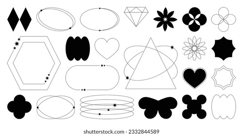 Set of geometric shapes in trendy 90s style. Black trendy design with frame, sparkles, flower, lines, diamond. Y2k aesthetic element illustrated for banners, social media, poster design, sticker.