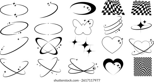 Set of geometric shapes in trendy 90s style. Black trendy design with frame, sparkles, star, moon, flower, lines. Y2k aesthetic element illustrated for banners, social media, poster design, sticker.