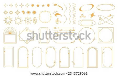 Set of geometric shapes in trendy 90s style. Geometry shine star, frame and sparkles, lines and arrows. Y2k aesthetic elements for banners, social media, poster design, sticker, vector illustration