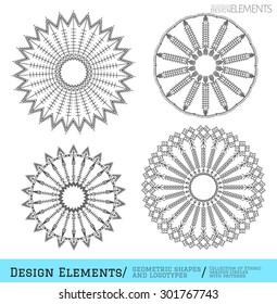 Set of geometric shapes. Trendy hipster circles and logotypes. Religion, philosophy, spirituality, occultism symbols collection. Aztec sign