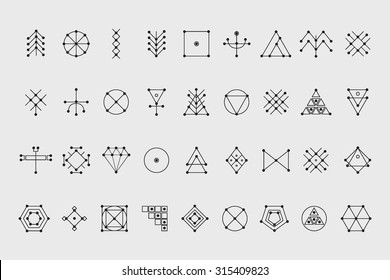 Set of geometric shapes. Trendy hipster background and logotypes. Religion, philosophy, spirituality, occultism symbols collection. graphic chemical elements and current-carrying wire