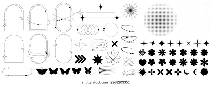 Set of geometric shapes in trendy retro style. 00s Y2k aesthetic. Modern minimalist arch frame with sparkles. Trendy design elements for banners, social media, poster design, packaging. - Shutterstock ID 2268203351