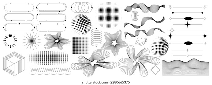 Set of geometric shapes in trendy retro style. 00s Y2k aesthetic. Trendy design elements for banners, social media, poster design, packaging.
