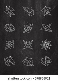 Set of geometric shapes. Vector isolated. Trendy hipster logo, gems, stones, icons. Line design elements. Line figure in 3d