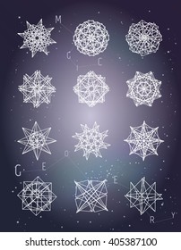 Set of geometric shapes. Vector isolated. Trendy logo or icons. Design of line figure. Linear symbol. Collection of simple line art. Sacred geometry. Neon colors background.