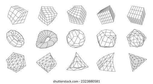 Set of geometric shapes from a wireframe. A collection of miscellaneous objects for use in HUD design. Network line concept. Creative abstract geometric shapes. Vector illustration.