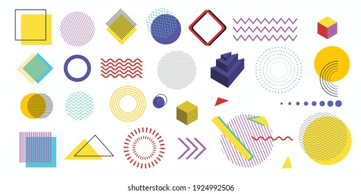 Set Of Geometric Shapes.Memphis Design, Retro Elements For Web, Vintage, Advertisement, Commercial Banner, Poster, Leaflet, Billboard, Sale.Vector Geometric Shapes.