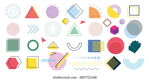 Set of geometric shapes.Memphis design, retro elements for web, vintage, advertisement, commercial banner, poster, leaflet, billboard, sale.Vector geometric shapes.