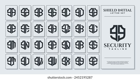 Set of geometric shield lowercase letter G GG logo, number 9 99 design