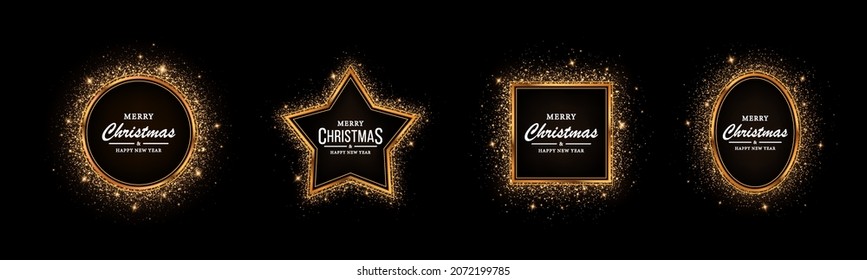 
Set of geometric shiny frames with glowing effects for Сhristmas. Golden frames with glitter. Christmas cards and banners.