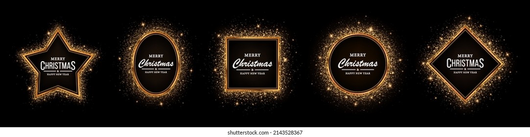 Set of geometric shiny frames with glowing effects for Сhristmas. Golden frames with glitter. Christmas cards and banners.