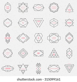 Set geometric signs, labels, and frames. Triangles. Line design elements, vector illustration