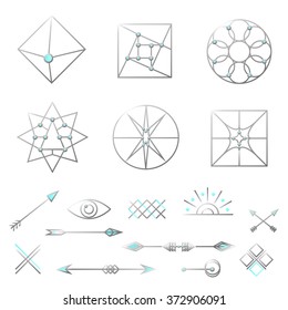 Set of Geometric Silver Elements. Fashion Decorative Ornament. Tribal Flash Tattoo Stickers for Body Design. Vector Illustration.