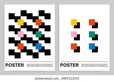 Set of geometric simple contemporary black and white posters with geometric patterns of squares and bright color accents in a minimalist style