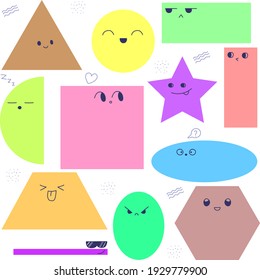 Set of geometric simple figures with eyes and face emotions. Different shapes in hand drawn trendy style. Vector illustration for children education. Cute funny characters.