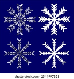 Set of geometric snowflake illustrations with symmetrical designs. White snowflakes with intricate details on a dark blue background. A vector image of winter elements, perfect for decorative designs.