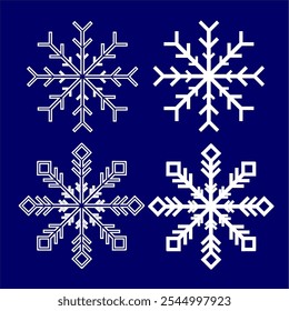 Conjunto de ilustraciones geométricas de copo de nieve con diseños simétricos. Copos de nieve blancos con detalles intrincados sobre un fondo azul oscuro. Una Imagen de Vector de Elementos invernales, perfecta para diseños decorativos.