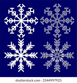 Conjunto de ilustrações geométricas em flocos de neve com desenhos simétricos. Flocos de neve brancos com detalhes intrincados em um fundo azul escuro. Uma imagem vetorial de elementos de inverno, perfeito para desenhos decorativos.