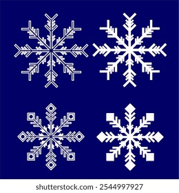 Conjunto de ilustraciones geométricas de copo de nieve con diseños simétricos. Copos de nieve blancos con detalles intrincados sobre un fondo azul oscuro. Una Imagen de Vector de Elementos invernales, perfecta para diseños decorativos.