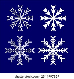 Conjunto de ilustrações geométricas em flocos de neve com desenhos simétricos. Flocos de neve brancos com detalhes intrincados em um fundo azul escuro. Uma imagem vetorial de elementos de inverno, perfeito para desenhos decorativos.