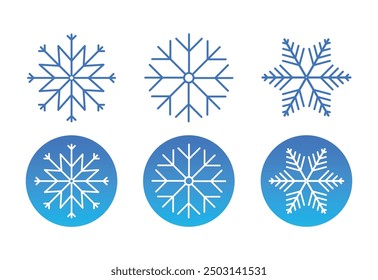 Conjunto de diseños geométricos de arte de línea de copo de nieve con fondos de gradiente azul, ideal para proyectos de temática invernal y decoraciones navideñas.