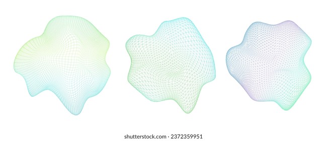 Set of geometric spheres with glitch effect. Distorted circles on white background. Abstract color shapes with noise effect. Vector illustration.