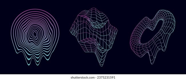 Set of geometric spheres with glitch effect. Distorted circles and torus on white background. Abstract color shapes with noise effect. Vector illustration.