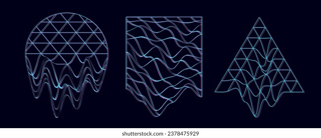 Conjunto de esferas geométricas con efecto de brillo. Los círculos distorsionados sobre el fondo blanco. El color abstracto forma el cuadrado y el triángulo con efecto de ruido. Ilustración vectorial.
