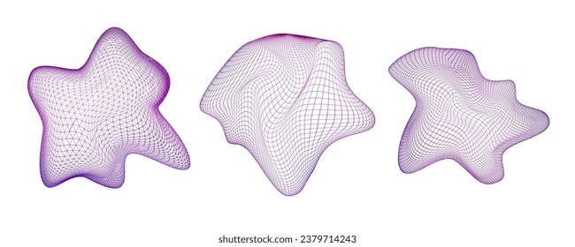 Set of geometric spheres with glitch effect. Distorted circles on white background. Abstract color shapes with noise effect. Vector illustration.