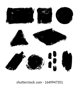 
Set of geometric spots. 
Rectangle, square, circles, rhombus, triangle, strokes with a wide brush in black on a white background.