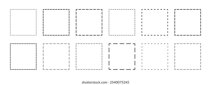 Conjunto de formas quadradas geométricas com linhas tracejadas. Figuras pontilhadas isoladas em fundo branco. Simples corte aqui pictogramas. Ilustração de contorno de vetor.