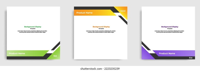 Conjunto de diseño geométrico cuadrado de banner de medios sociales, pantalla de fondo de producto para anuncios plantilla de venta comercial en color gradiente. Ilustración de diseño del vector