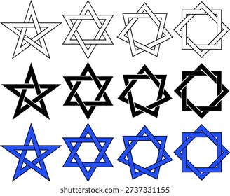 Set of geometric star icons with intertwined lines in pentagram, hexagram, and octagram variations