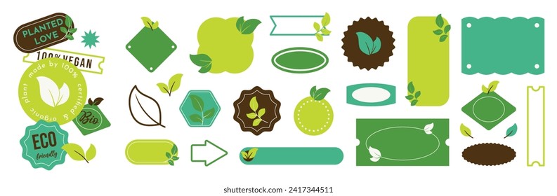 Set of geometric sticker badges vector. Organic banner collection of contemporary figure, leaf, arrow, circle, polygon. Eco friendly design for sign, tag, packaging, logo label, stamp, patches.