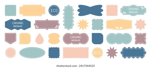 Set of geometric sticker badges vector. Organic banner collection of contemporary figure, polygon, flower, jigsaw, water drop. Eco friendly design for sign, tag, packaging, logo label, stamp, patches.