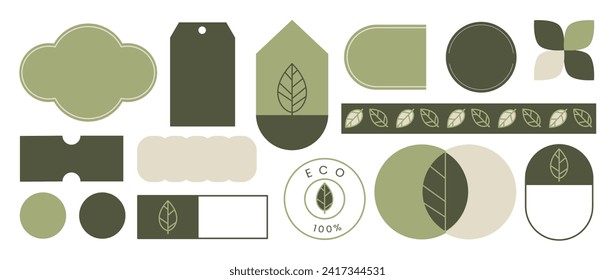 Set of geometric sticker badges vector. Organic banner collection of contemporary figure, foliage, circle, square, polygon. Eco friendly design for sign, tag, packaging, logo label, stamp, patches.