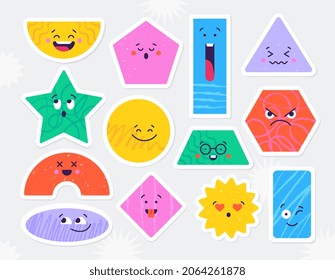 Set of geometric stickers. Colorful characters with different kawaii facial emotion. Rectangle, circle and triangle with frames and patterns. Cartoon flat vector collection isolated on gray background