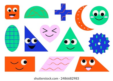 Set of geometric stickers in flat cartoon design. Cute stickers in the form of geometric shapes with emotional faces are shown in this collection. Vector illustration.