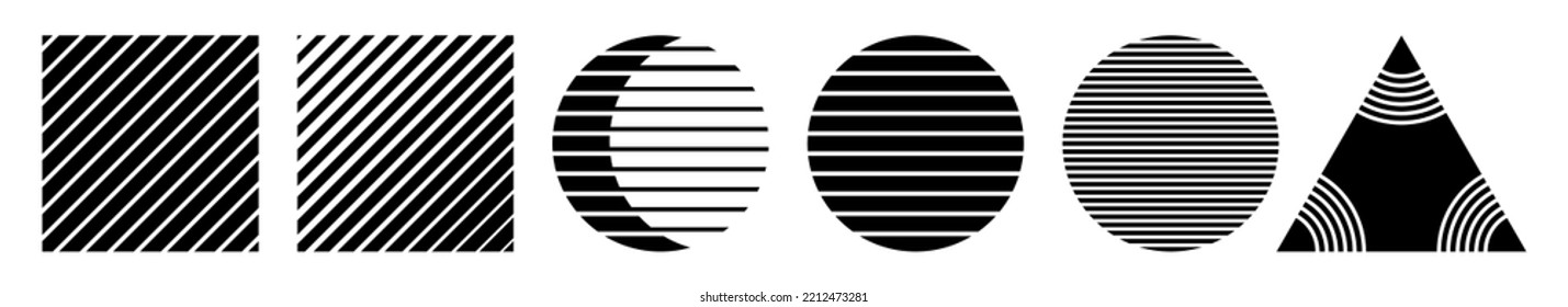Set of geometric striped vector shapes. Black flat halftone vector shapes, isolated on white background. Squares, circles, triangle.