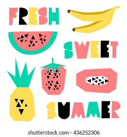 A set of geometric style summer design elements. Decorative letters and fruits in yellow, pink, green and black isolated on white background.