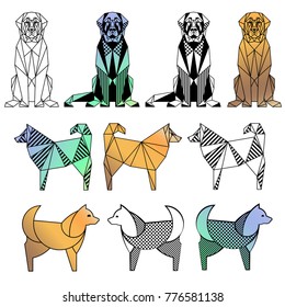 A set of geometric stylized dogs. Polygonal models. Low poly. Decorative elements
